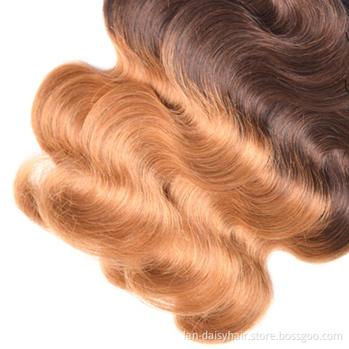 Ombre Hair Extensions India Body Wave Color T1b/4/27 Peruvian Human Hair Bundles Three Tone Color Remy Hair Weaves In Wholesale
